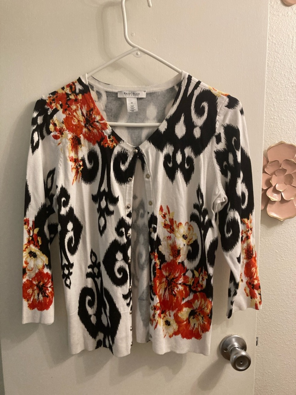 White House Black Market Black, White & Orange Floral Ikat Cardigan